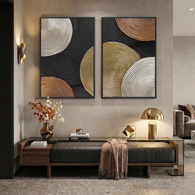 Large Framed Abstract Circles Wall Art Set of 2 for Living Room, Modern Minimalist Neutral Gold Black Beige Canvas Artwork for Walls, Luxury Painting Print Wall Decor for Bedroom Office, 24x36 Inch