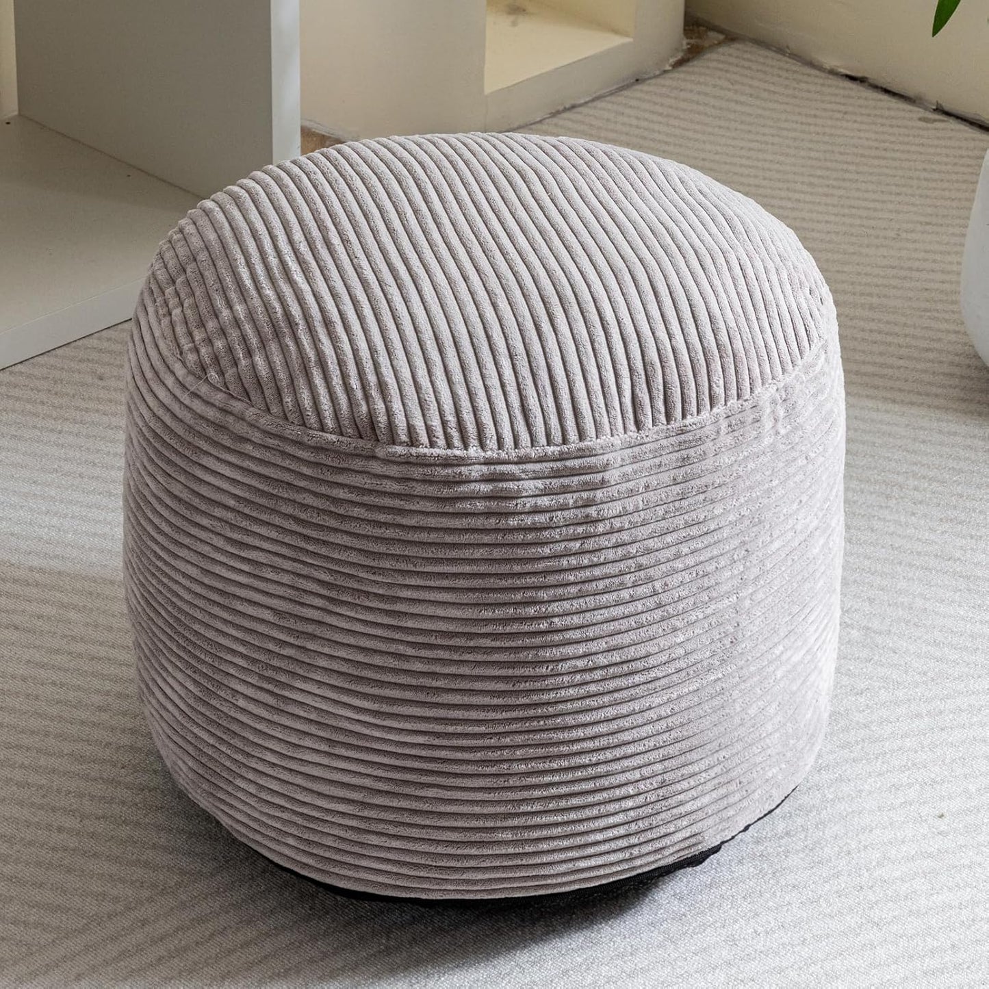 HIGOGOGO Round Stuffed Pouf Ottoman, Corduroy Poufs with Foam Chunk Filling, Furry and Fluffy Pouf Foot Stool Storage Ottoman, 20 X 15 Floor Poufs Foot Rest for Living Room, Grey