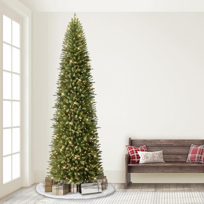 Puleo International 9ft Pre-Lit Fraser Fir Pencil Christmas Tree with 550 Clear Lights, 1828 Realistic Dense Branch Tips, Easy Setup Artificial Trees with Sturdy Metal Stand