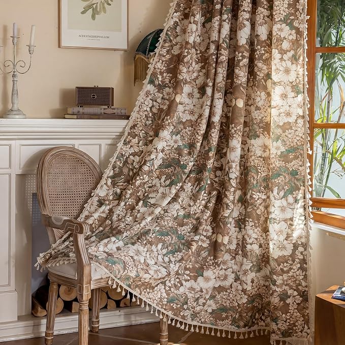 OYX Boho Floral Curtains 63 Inch, Linen Farmhouse Flower Drapes with Lace & Tassels, Light Filtering Semi Sheer Curtains for Living Room Bedroom, 2 Panels