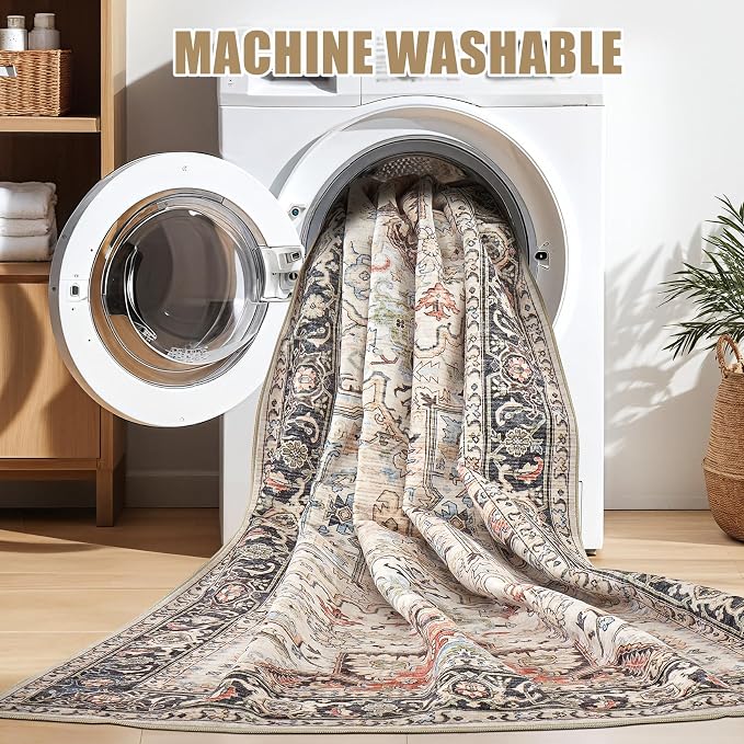 Area Rug 5x7 for Living Room - Washable Oriental Vintage Floral Distressed Large Indoor Carpets with Non Slip Back for Bedroom Dining Room Nursery Office Home Decor -Multi