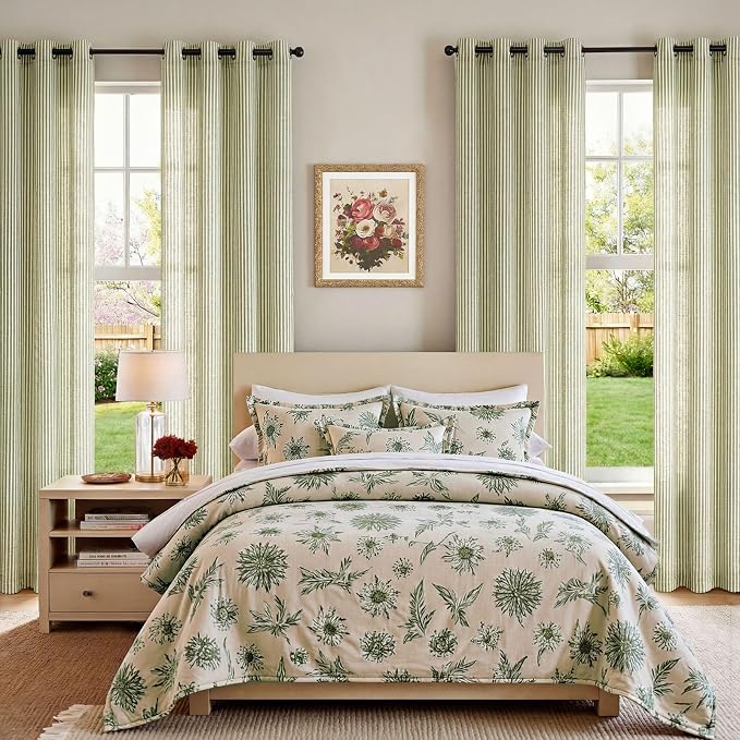 jinchan Linen Curtains for Living Room Sage Green on Beige Striped Curtains for Bedroom Ticking Stripe Pattern Light Filtering Farmhouse Cottage Core Rustic grommet Window Treatment 2 Panels 84 inches