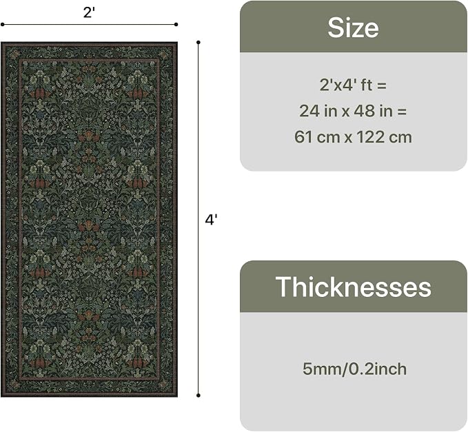 GENIMO 2x4 Washable Kitchen Rug, Non Slip Entryway Mat, Dark Green | Vintage Boho Floral Low Pile Thin Carpet for Front Door, Kitchen, Bathroom, Laundry