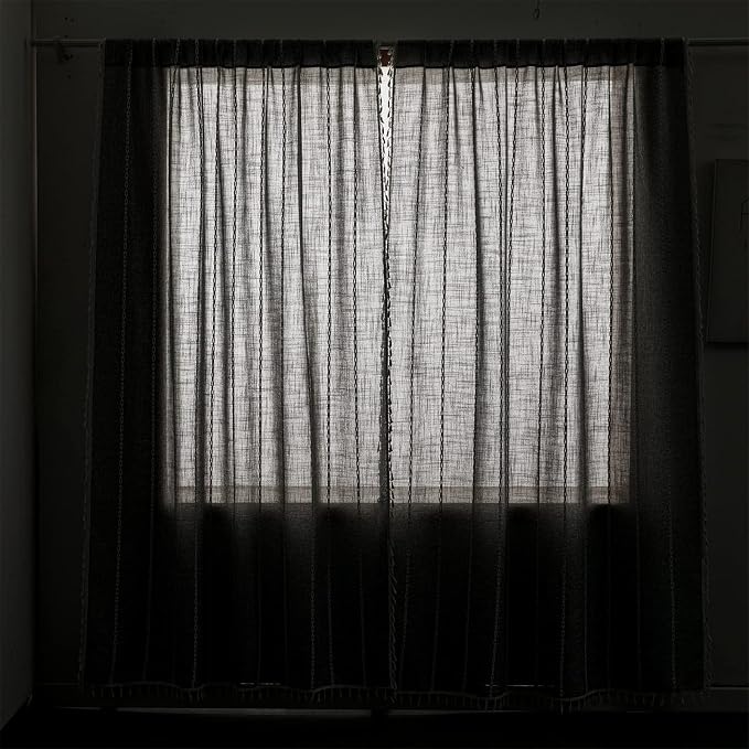 RoomTalks Dark Gray Boho Farmhouse Curtains for Bedroom Living Room 84 Inch Length French Cabin Rustic Country Cute Charcoal Window Curtain Panels Bohemian Chic Tassel Draperies, 84’’L x 52’’W