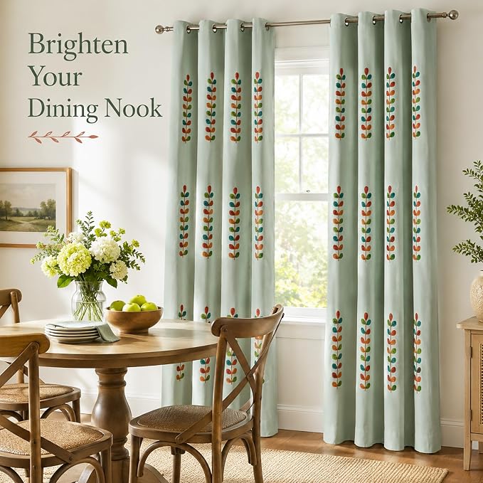VOGOL Country Style Curtains for Bedroom, Leaf Embroidered Linen Textured Drapes for Living Room, Thermal Insulated Grommet Window Curtain for Bathroom, 59 x 79, 2 Panels, Blue
