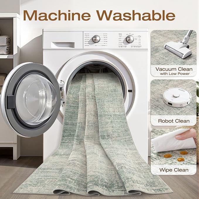 Runner Rug Non-Slip Kitchen Rug: 2x6 Washable Abstract Modern Soft Stain Resistant Indoor Floor Neutral Accent Throw Carpet for Hallway Bathroom Laundry Room Bedroom Entryway- Green