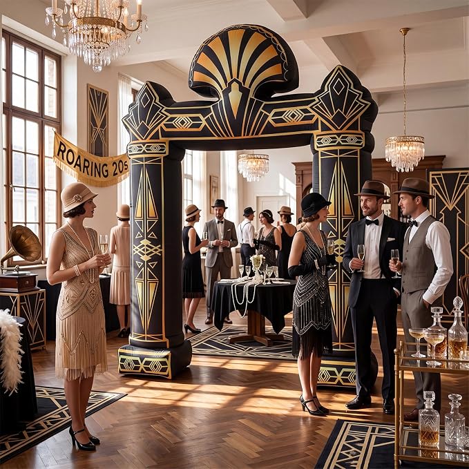 Seenelling 9 FT Roaring 20s Theme Giant Inflatable Archway Decoration Great Black Gold Geometric Arch Built-in LED Lights for 1920s Party Speakeasy Roaring Music Theme Party Supplies