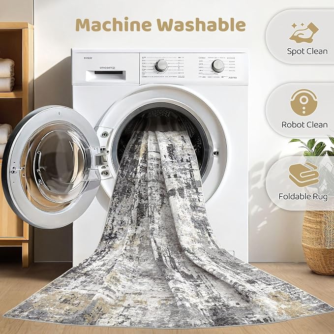 10x12 Area Rug Living Room: Washable Large Abstract Soft Stain Resistant Indoor Floor Rugs Non-Slip Accent Carpet for Bedroom Nursery Playroom Office Dining Room Home House- Gray Beige