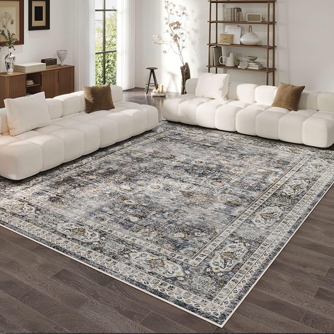 Rugcomf 8x10 Rug Washable Boho Soft Large Area Rug Non-Slip Faux Wool Vintage Rug for Living Room, Farmhouse, Dining Room, Indoor, Kids Playroom (Grey)