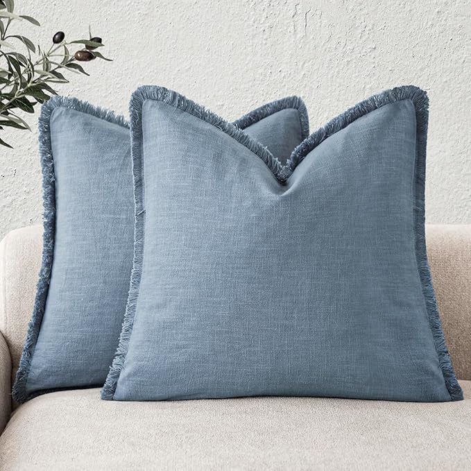 Foindtower Set of 2 Decorative Linen Fringe Throw Pillow Covers Cozy Boho Farmhouse Cushion Cover with Tassels Soft Accent Pillowcase for Couch Sofa Bed Living Room Home Decor, 22×22 Inch, Misty Blue