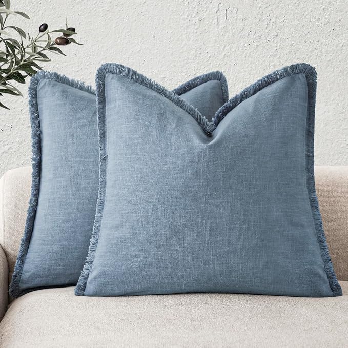 Foindtower Set of 2 Decorative Linen Fringe Throw Pillow Covers Cozy Boho Farmhouse Cushion Cover with Tassels Soft Accent Pillowcase for Couch Sofa Bed Living Room Home Decor, 18×18 Inch, Misty Blue