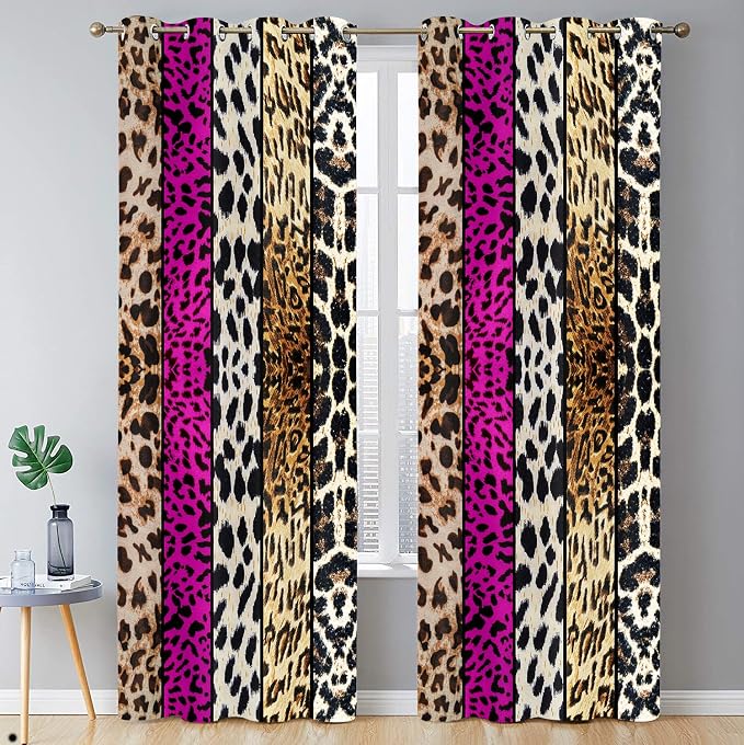 Wild Animal Print Curtain, Room Darkening Thermal Insulated Blackout Leopard Boa Window Drapes with Grommets for Living, Dining, Bedroom, Hot Pink Leopard Print, 52"x 84", 2 Panels