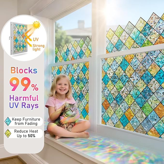 Sunbaby Window Privacy Film Stained Glass Decorative Rainbow Window Cling 3D Static Clings Colorful for Home Decoration, Anti-UV & Heat Control Non-Adhesive (35.4"x78.7")