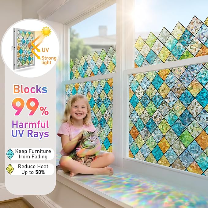 Sunbaby Window Privacy Film Stained Glass Decorative Rainbow Window Cling 3D Static Clings Colorful for Home Decoration, Anti-UV & Heat Control Non-Adhesive (29.5"x78.7")