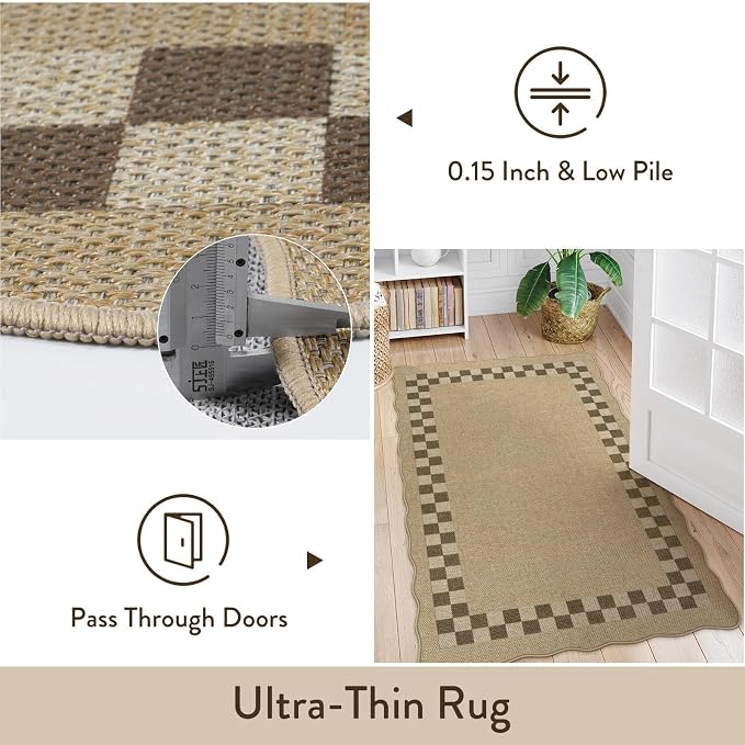 LIVEBOX Scalloped Easy Jute Checkered 3x5 Outdoor Rug, Washable Non-Slip Tan Rugs for Entryway, Geometric Indoor Outdoor Rug Farmhouse Boho Carpet Door Mat for Patio Porch Bedroom Living Room Modern