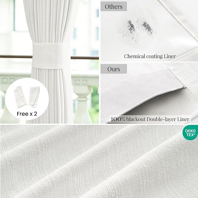 Topfinel 108 Inch Extra Long 100% Blackout Linen Curtains with Rod Pocket & Back Tab, Beige White Floor to Ceiling Drapes for Villa Bedroom Livingroom Boho Elevated Decor Beige White 52" W*108" L