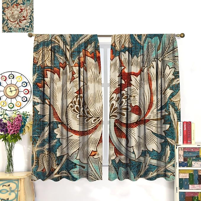 William Morris Plant Floral Blackout Window Curtains, Bohemian Vintage Rustic Flowers William Morris Art Style Window Drapes, for Bedroom Living Room 21(W)*54(L) 2 Panels