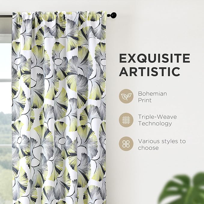 Joydeco Printed Curtains 96 inches Long,Light Yellow Floral Blackout Curtains for Living Room 2 Panels,52 x 96 inch Rod Pocket Thermal Insulated Bohemian Drapes for Farmhouse,Bedroom,White
