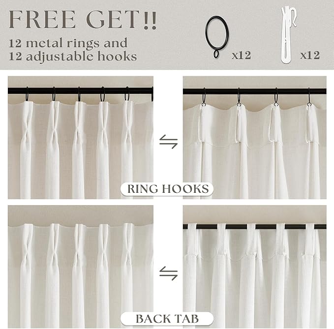 TWODRAPES Pinch Pleated Extra Wide Curtain Panels 90 Inches Long 70 Wide Linen Curtain for Patio Sliding Glass Door Cream Hooks Rings Semi Sheer Privacy 90 Inch Length for Living Room 70x90 1 Panel