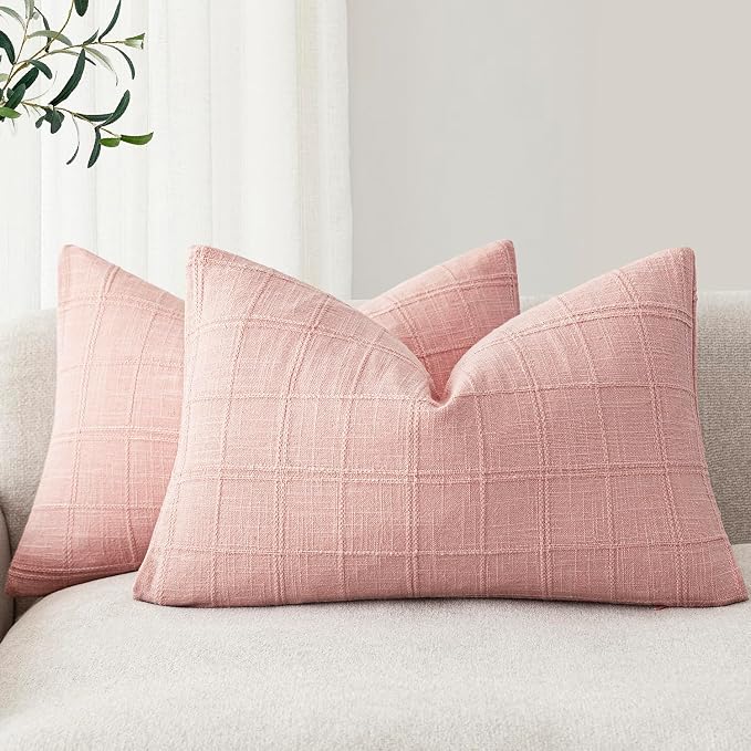 Foindtower Set of 2 Decorative Linen Check Throw Pillow Covers Neutral Farmhouse Lumbar Cushion Covers Modern Boho Accent Home Decor for Sofa Chair Couch Bedroom Living Room,12×24 Inch,Light Pink