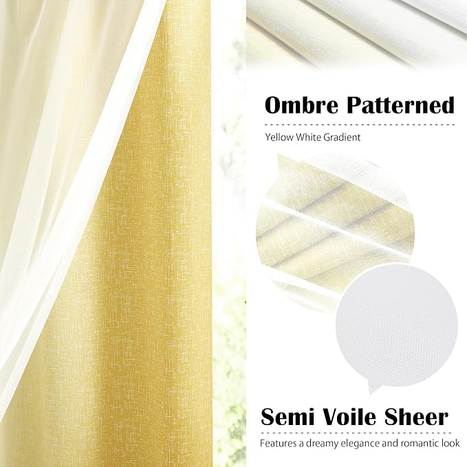 Ombre 100% Blackout Curtains 84 Inches Long 2 Panels for Bedroom Living Room Yellow and White Double Layer Sheer Overlay Mix & Match Grommet Thermal Soundproof Drapes with Tiebacks, 52x84