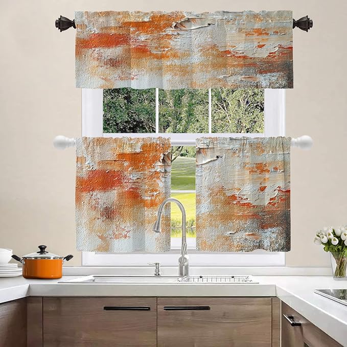 Shrahala Brushstrokes of Paint Blackout Short Curtains for Windows, Orange Grey Canvas Texture Kitchen Valance Thermal Insulated Rod Pocket Window Treatment for Bathroom 2 Pack 52 X 18 in