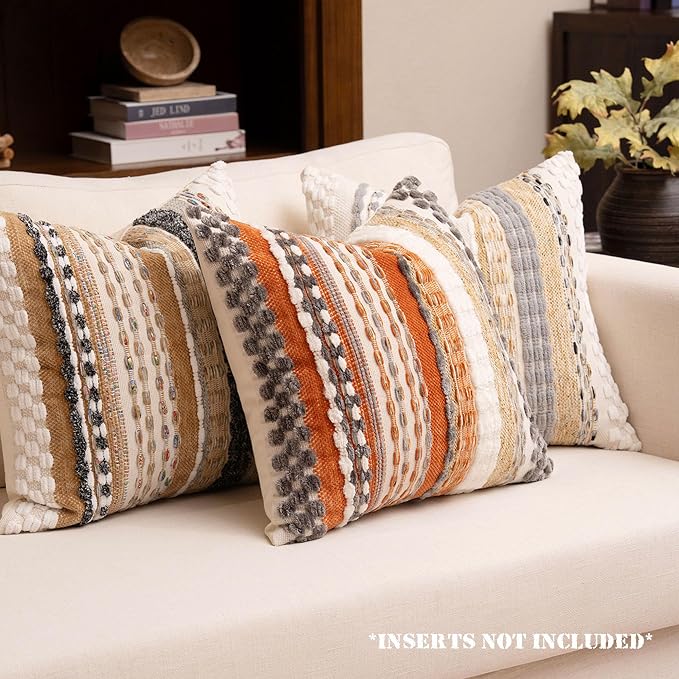 Boho Chenille Tufted Throw Pillow Covers 18x18 Inch Set of 2 Farmhouse Orange Grey Woven Striped Decorative Pillowcases for Couch Sofa Bed
