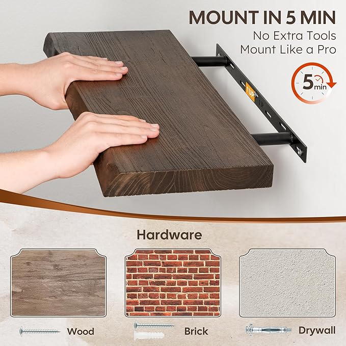 48" Rustic Elm Floating Shelves - Solid Wood Live Edge with Invisible Brackets, Wall Mounted Shelf for Living Room, Kitchen & Bathroom Decor, Brown