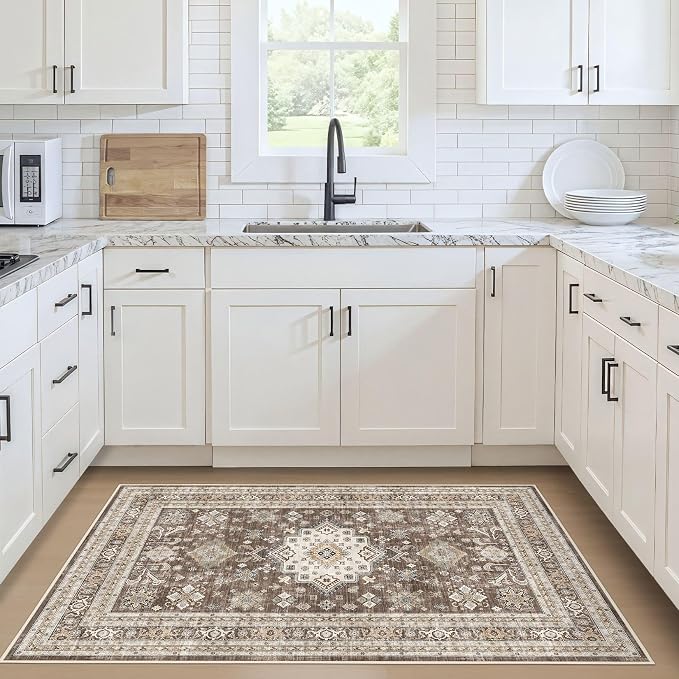 Vintage Living Room Area Rug 3x5 - Large Soft Washable Oriental Traditional Distressed Farmhouse Rugs for Bedroom - Indoor Floor Accent Carpet for Home Office House Decor - Dark Brown