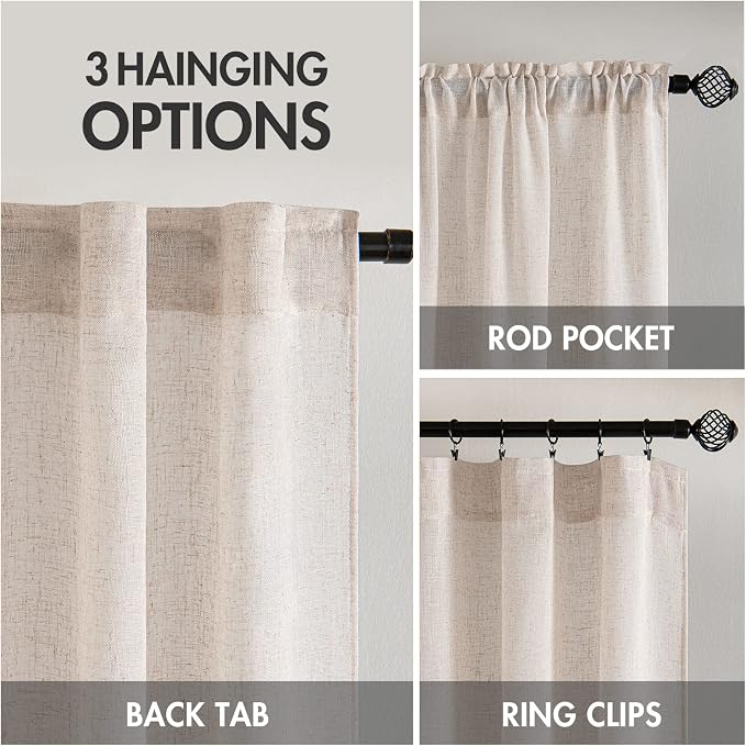 MIULEE Natural White Linen Curtains 90 Inch Long 2 Panels Set for Bedroom Living Room, Soft Thick Linen Textured Window Drapes Semi Sheer Light Filtering Rod Pocket Back Tab Farmhouse Cream Ivory