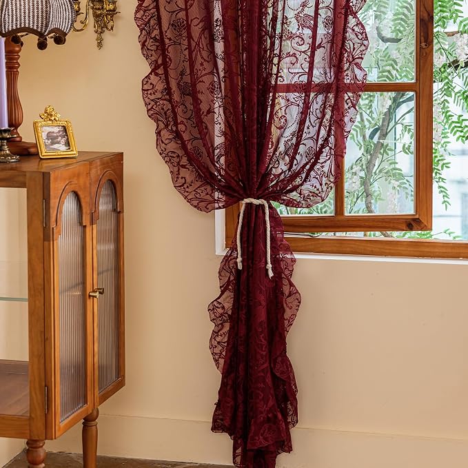 TUDECO Sheer Burgundy Curtains for Bedroom 2 Panels Set - Romantic Floral Branch Wine Red Lace Curtains 72 Inch Length, Embroidered Ruffle Window Treatment Vibrant Home Decor, 59 x 72 Inch, Maroon
