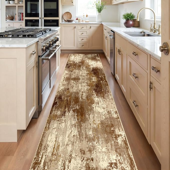 RELEANY Washable Area Rugs 2'x10' Non-Slip Modern Abstract Soft for Living Room Entryway Bedroom Kitchen, Print Pattern, Brown Tan Beige Coffee