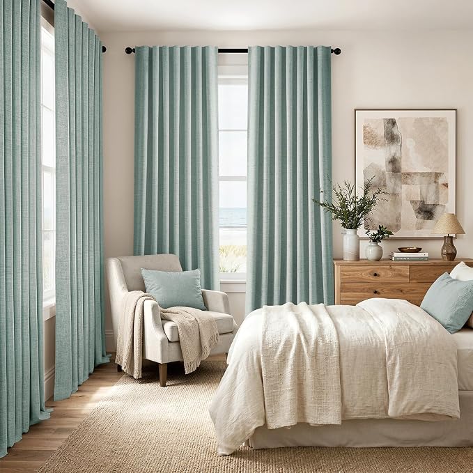 MIULEE 100% Blackout Linen Curtains for Bedroom, Seafoam Green Solid Luxury Decor Thermal Insulation Room Darkening Drapes for Living Room Back Tab Rod Pocket 42 x 84 Inches, 2 Panels