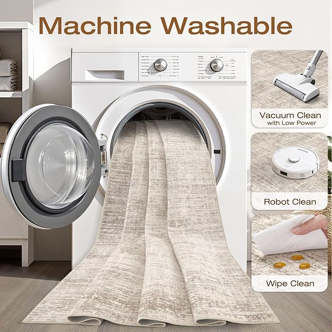Runner Rug Non-Slip Kitchen Rug: 2x6 Washable Abstract Modern Soft Stain Resistant Indoor Floor Neutral Accent Throw Carpet for Hallway Bathroom Laundry Room Bedroom Entryway- Brown