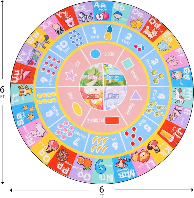 Kids Rugs for Playroom - Soft & Non-Slip 6x6 Feet Round Educational Rug for Learning ABC Alphabet, Numbers, Shapes & Season, Washable Classroom Rug for Bedroom Nursery & Kids Room Decor
