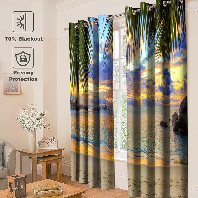 Jekeno Beach Sunset Blackout Curtains - Room Darkening Grommet Window Drapes Sunset Hawaiian Ocean Beachy Tropical Palm Tree Print Decor House Home Bedroom Living Room 2 Panel Set,52x63 in