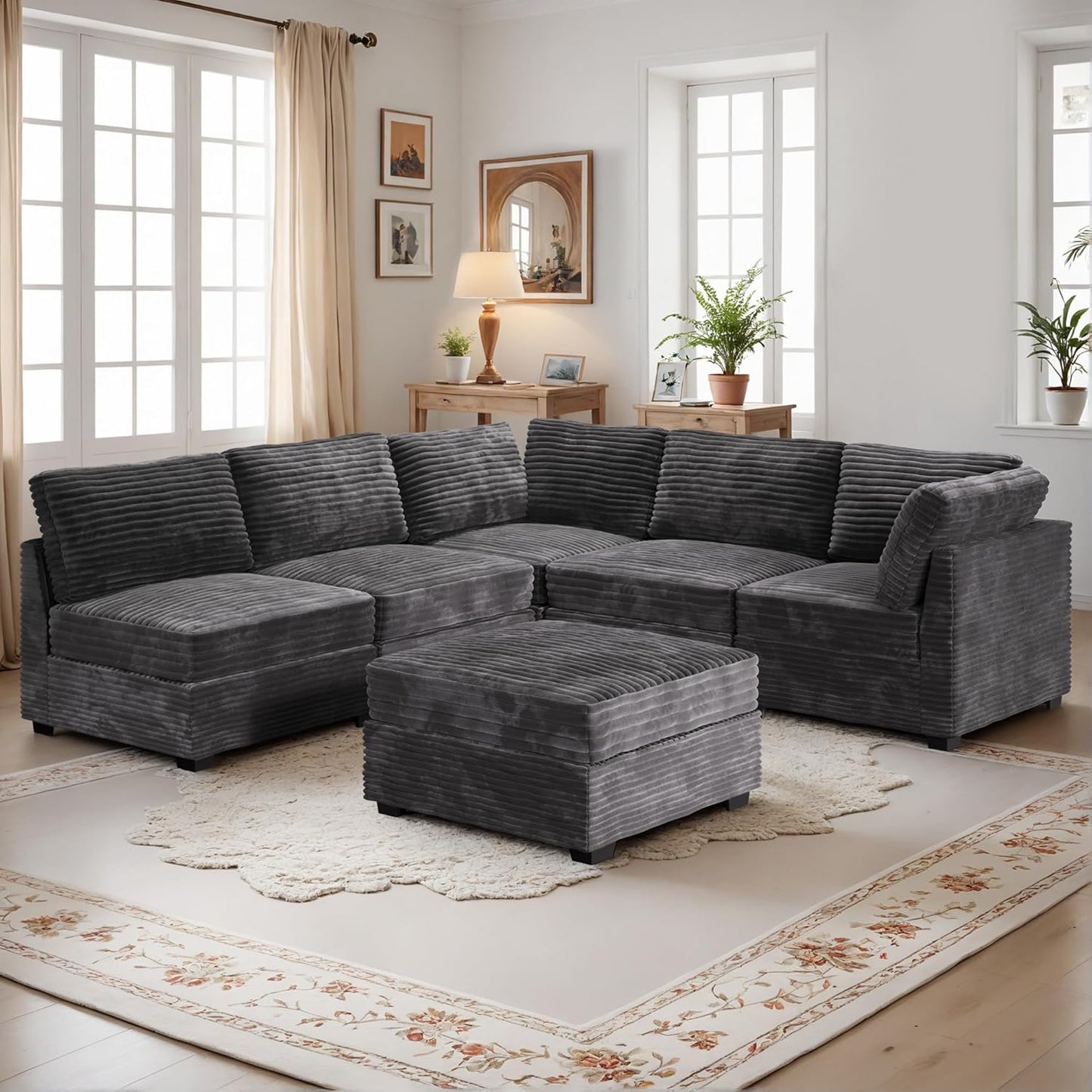 HOOOWOOO Modular Sectional Sofa,6 Pieces Sectional Couches for Living Room,98X98 L Shaped Cloud Couch with Ottoman Chaise Set(Grey Velvet Corduroy)