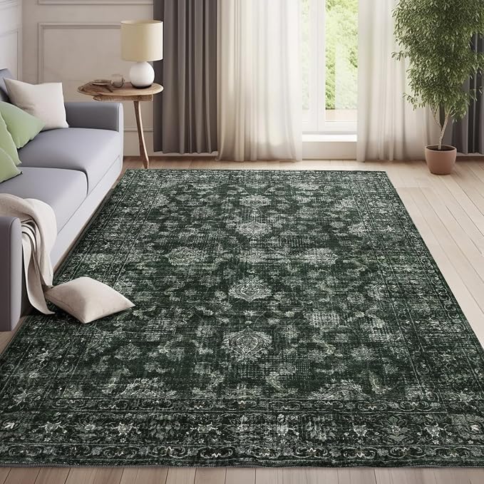 FROZZUR Boho Green Area Rug 5x7 Large Vintage Rug for Living Room Bedroom Dining Table, Non Slip Distressed Washable Rugs for Home Office Christmas Decor Green