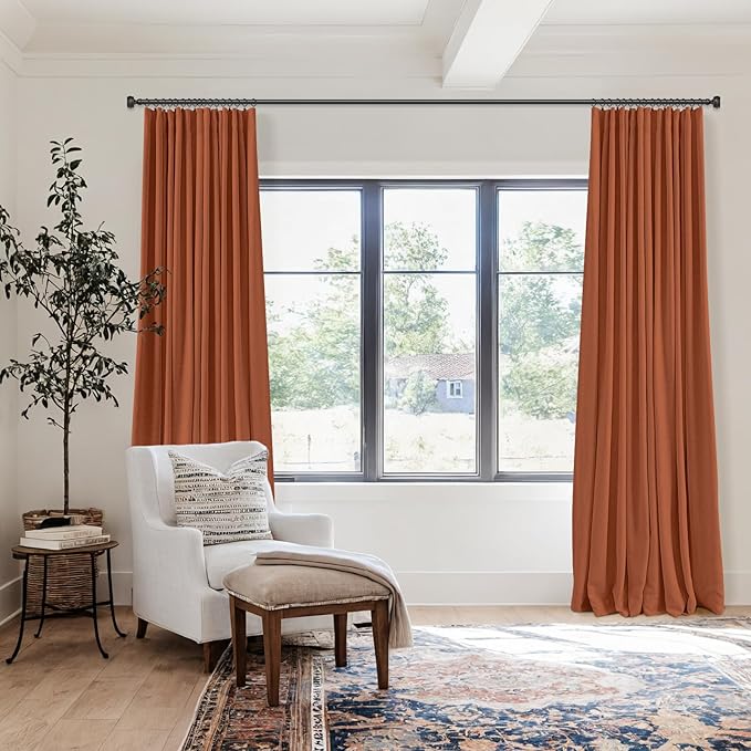 100% Blackout Shield Full Blackout Curtains for Bedroom 84 inch Length 2 Panels Set, Clip Rings/Rod Pocket Faux Linen Black Out Curtains for Living Room, Thermal Insulated, 50Wx84L, Burnt Orange