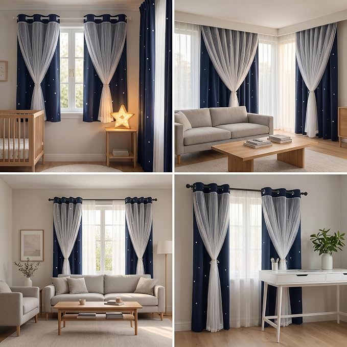 Kids Star Cutout Curtains for Bedroom/Living Room/Classroom,2 Free Tiebacks Sheer Overlay 2 Panel Set, Double Layer Curtains for Kids Room(Each Piece W70xL72 Inches 2 Pcs Navy Blue)