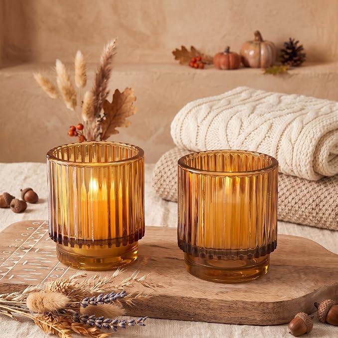 Kate Aspen Vintage Glass Tealight & Amber Votive Candle Holders (Set of 6) Rustic Fluted Candle Holder Set, Boho Home Decor, Wedding Table Centerpieces, Farmhouse Kitchen Table Decor