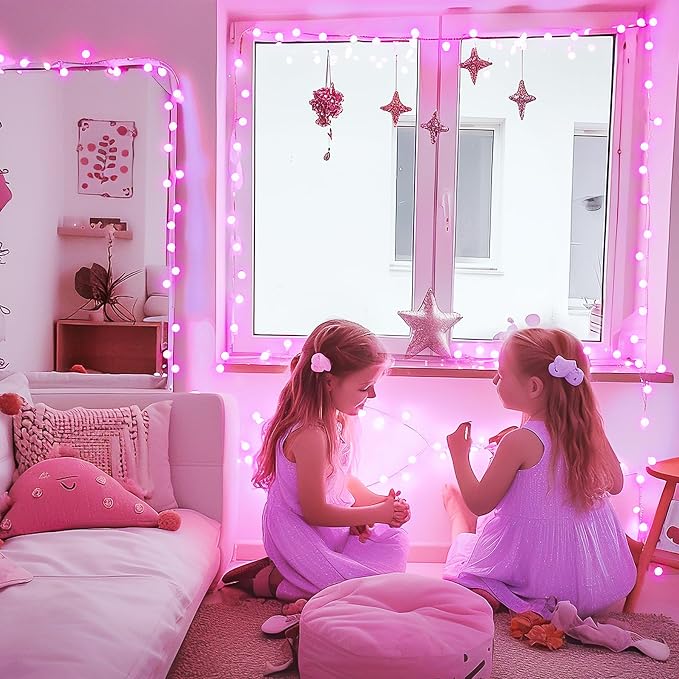 JMEXSUSS 33 ft 100 LED Globe Pink Christmas String Lights Indoor | 8 Mode Pink Lights Plug in, Fairy Pink String Lights with Remote for Bedroom Girl Room Anniversary Party Valentines Day