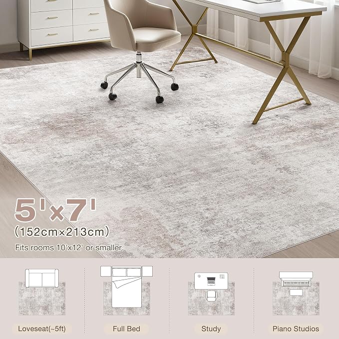Abstract 5x7 Area Rug: Machine Washable Non Slip Ultra Thin Low-Pile Carpet, Soft Stain Resistant for Living Room Bedroom Nursery, Kid Pet Friendly, Robot Vacuum Compatible - Brown Grey