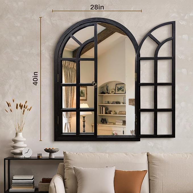Arched Window Mirrors for Wall, Wooden Rustic Farmhouse Mirror for Wall Decor 28 x 40 Black, Decorative Wall Mirror Arch for Living Room, Bedroom, Bathroom, Fireplace, Farmhouse