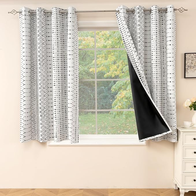ColorBird 100% Blackout Heat Blocking Boho Curtains for Bedroom Black and White Sun Blocking Thermal 63 Inch Curtains & Panels for Living Room Striped Western Geometric Room Decor Window Treatment