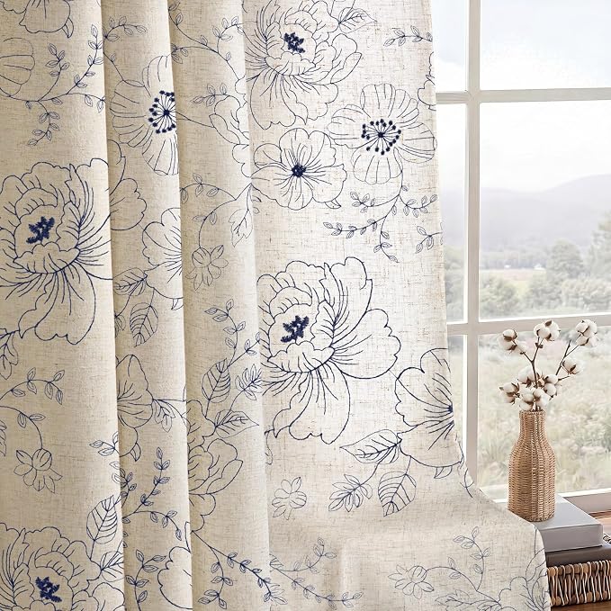 Boho Floral Curtains, Vintage Farmhouse Curtains 84 Inches Long, Dark Blue Cottage Core Flower 2 Panels
