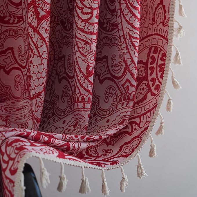 ENJOYBRIDAL Red Paisley 96 Inch Curtains for Bedroom Boho Drapes Semi Sheer Rod Pocket 2 Panels Long Window Curtain Panels for Living Room Farmhouse Jacquard Decorative Vintage Window Treatments
