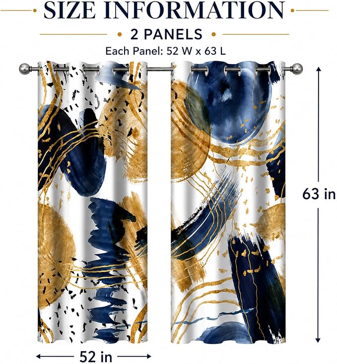 Abstract Blue Gold Blackout Curtain, Boho Aesthetic Modern Window Curtains Living Room Bedroom Decor Thermal Curtain Darkening Grommet Window Drapes Treatments, 2 Panels 52x63 Inch