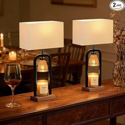 PoKat 21.5'' Lamp Candle Warmers Set of 2 Black, Farmhouse Candle Warming Lamps with Timer Dimmer & Wood-Like Base, Warmer Lamp Jar Candles, Table Lamps for Bedroom End Table Decor, Bulb Included