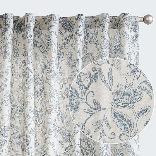 jinchan Floral Linen Blend Curtains for Living Room Blue French Country Farmhouse Curtains 84 Inches Long Light Filtering Kitchen Window Back Tab Semi Sheer 2 Panels